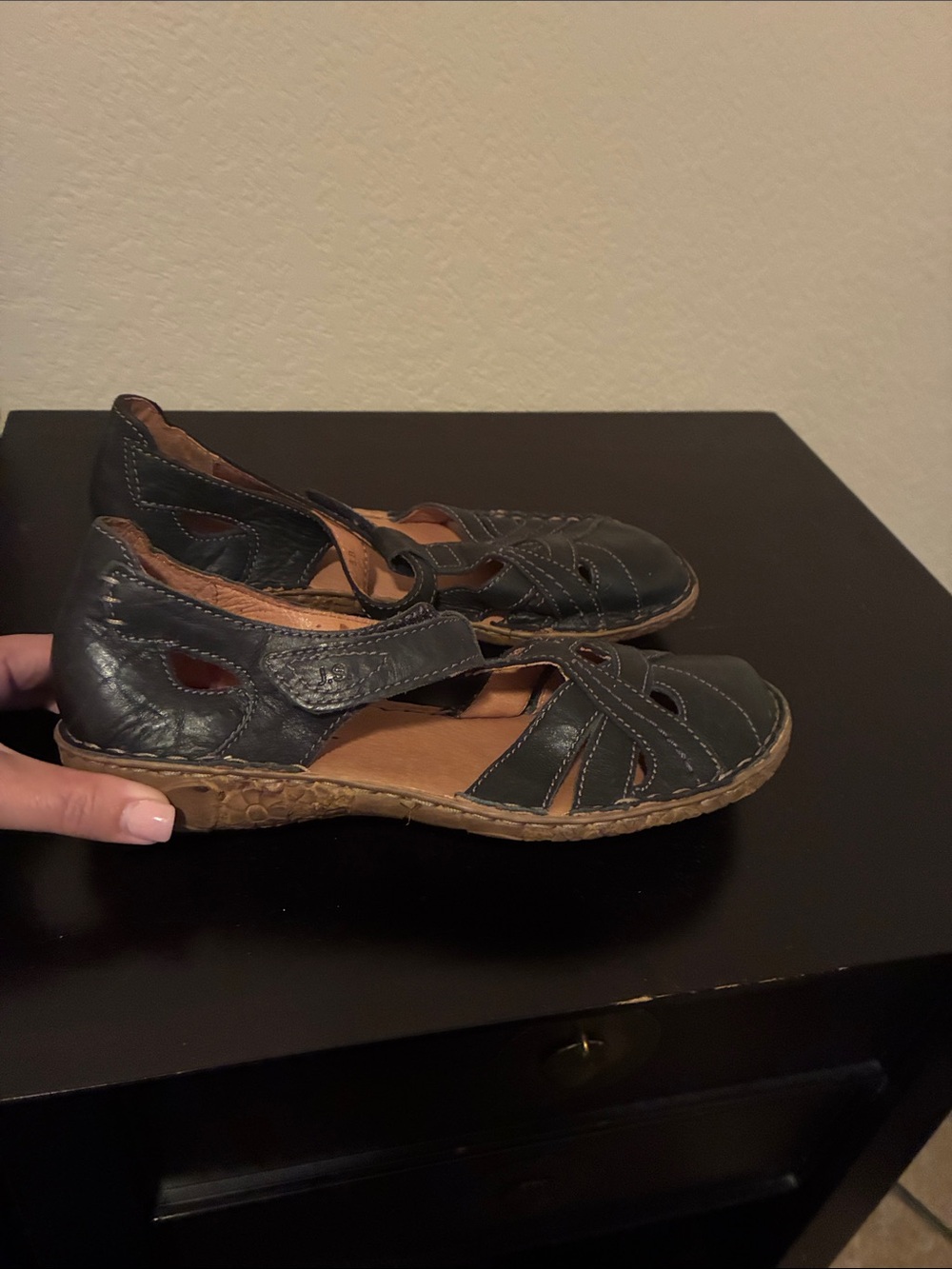 Josef Seibel Black Leather Cutout Strap Flats